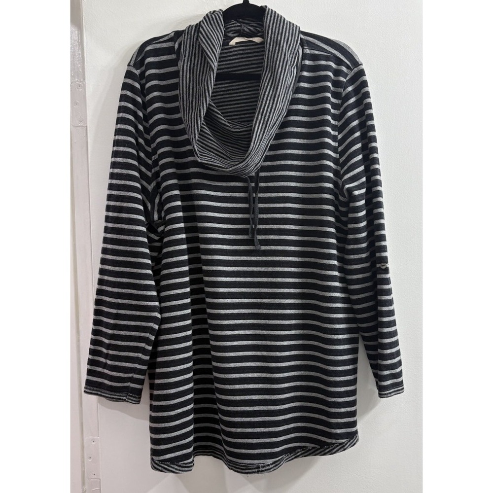 Soft Surroundings Womens 2X Sweater Black Gray Stripe Cowl Neck Long Sleeve Tuni